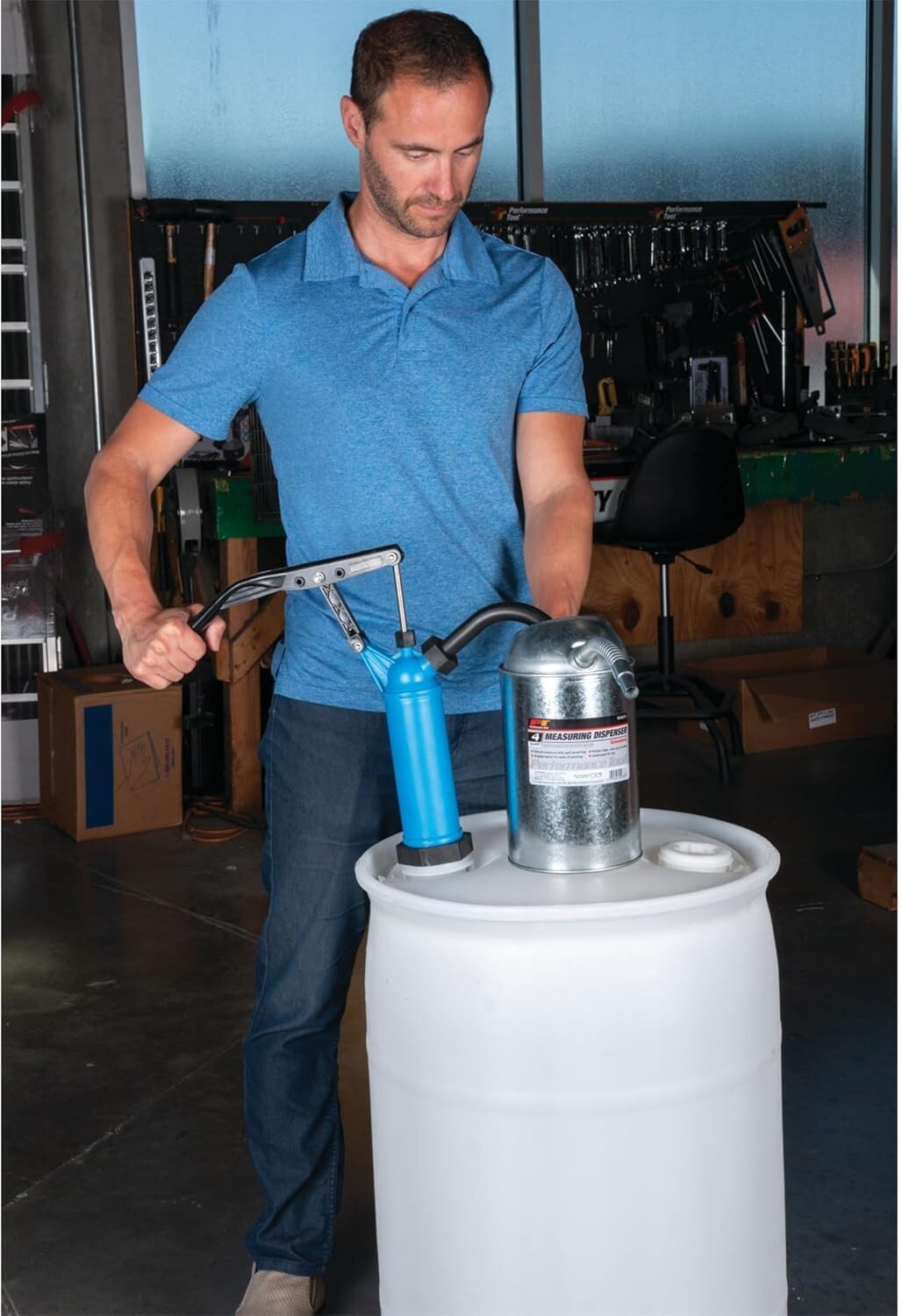 Ergonomic Blue Barrel Pump for 15 to 55 Gallon Drums - Dispenses 9 Oz per Stroke