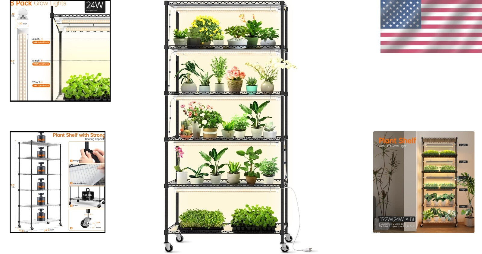 DIY Grow Shelf with 8 Full Spectrum Lights & Mobile Design for Indoor Plants