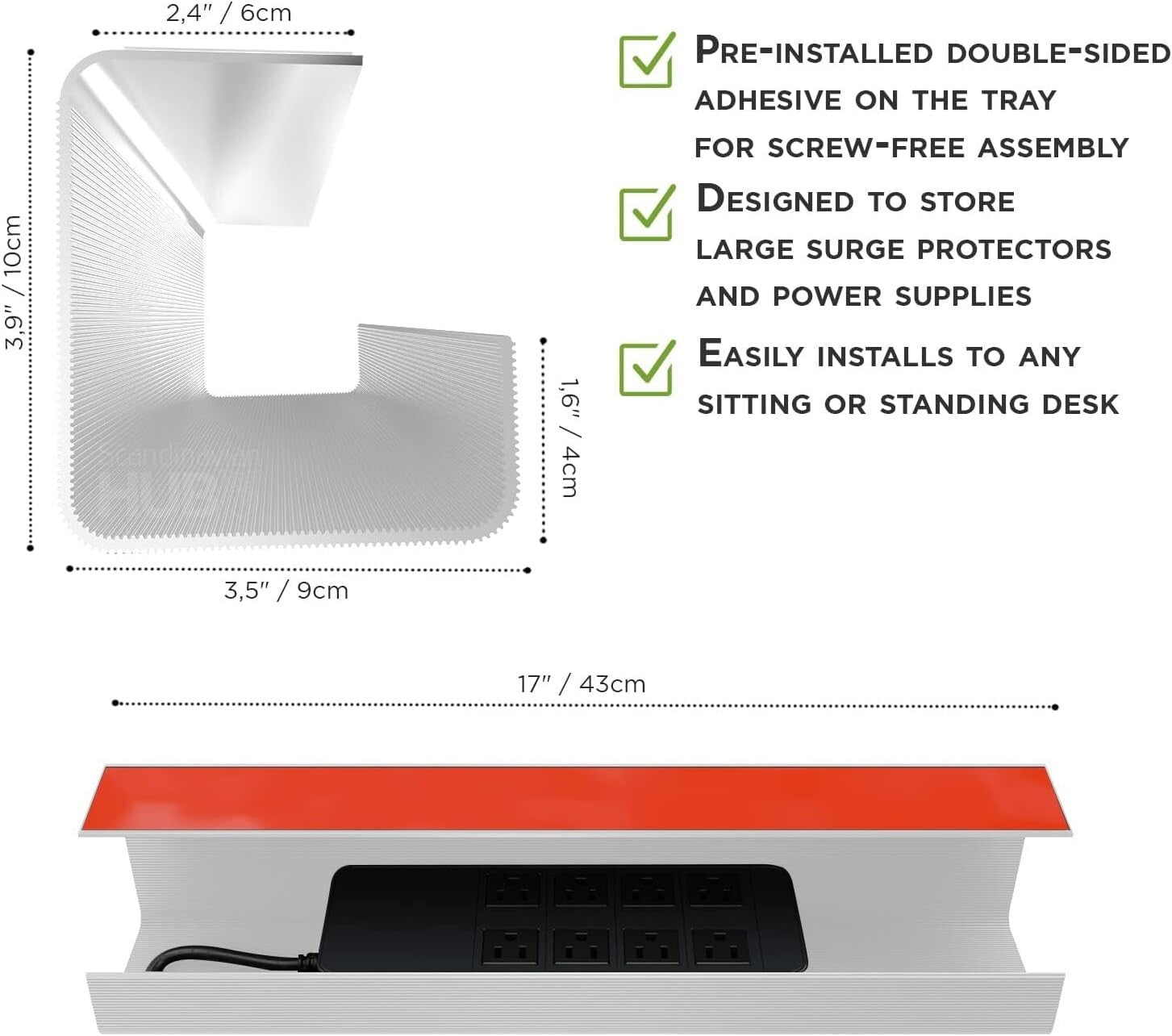 Space-Saving White Cable Organizer Trays - No-Screw Installation for a Neat Desk