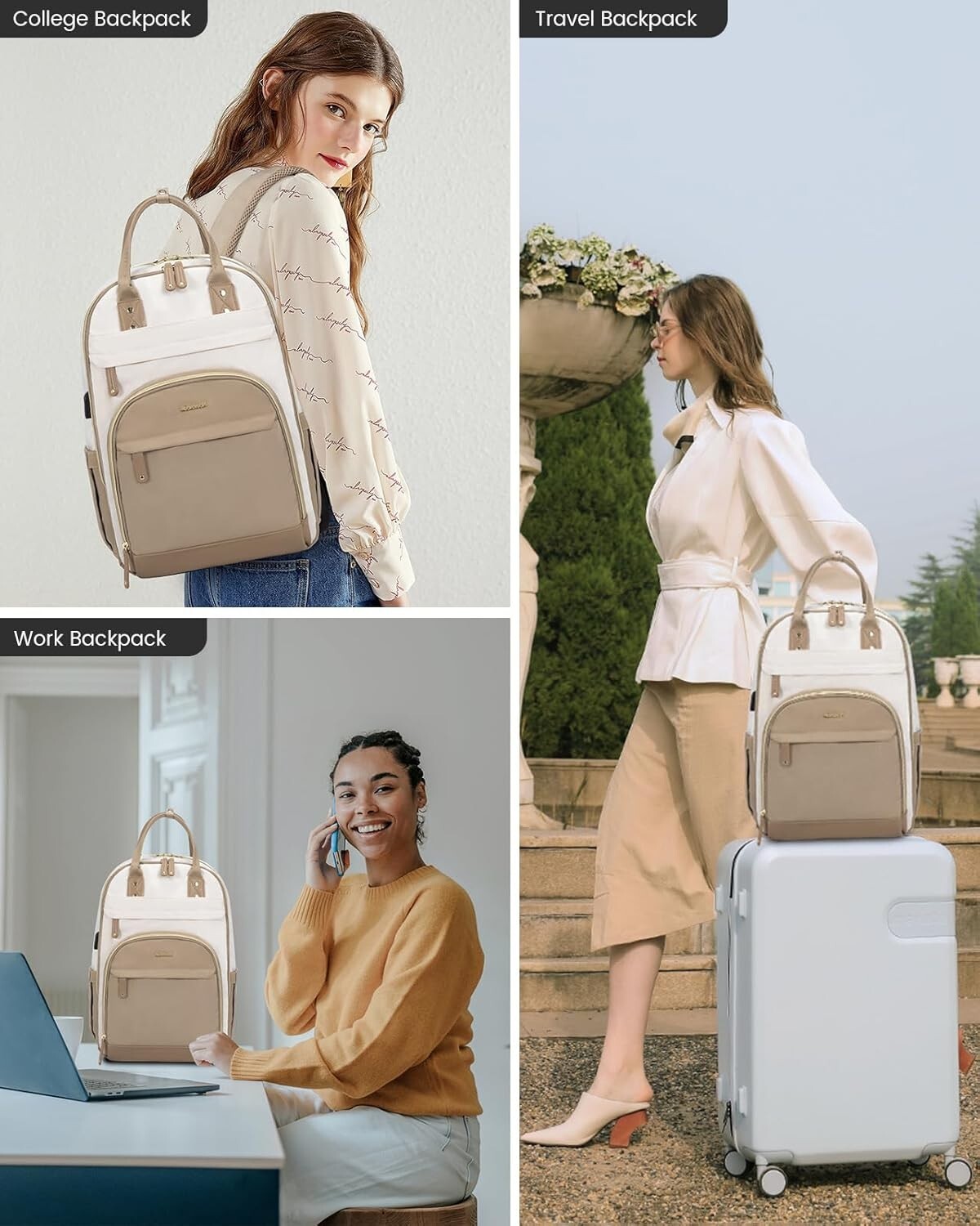 Durable USB Charging Backpack for 15.6 Inch Laptop - Water-Resistant Beige-Khaqi
