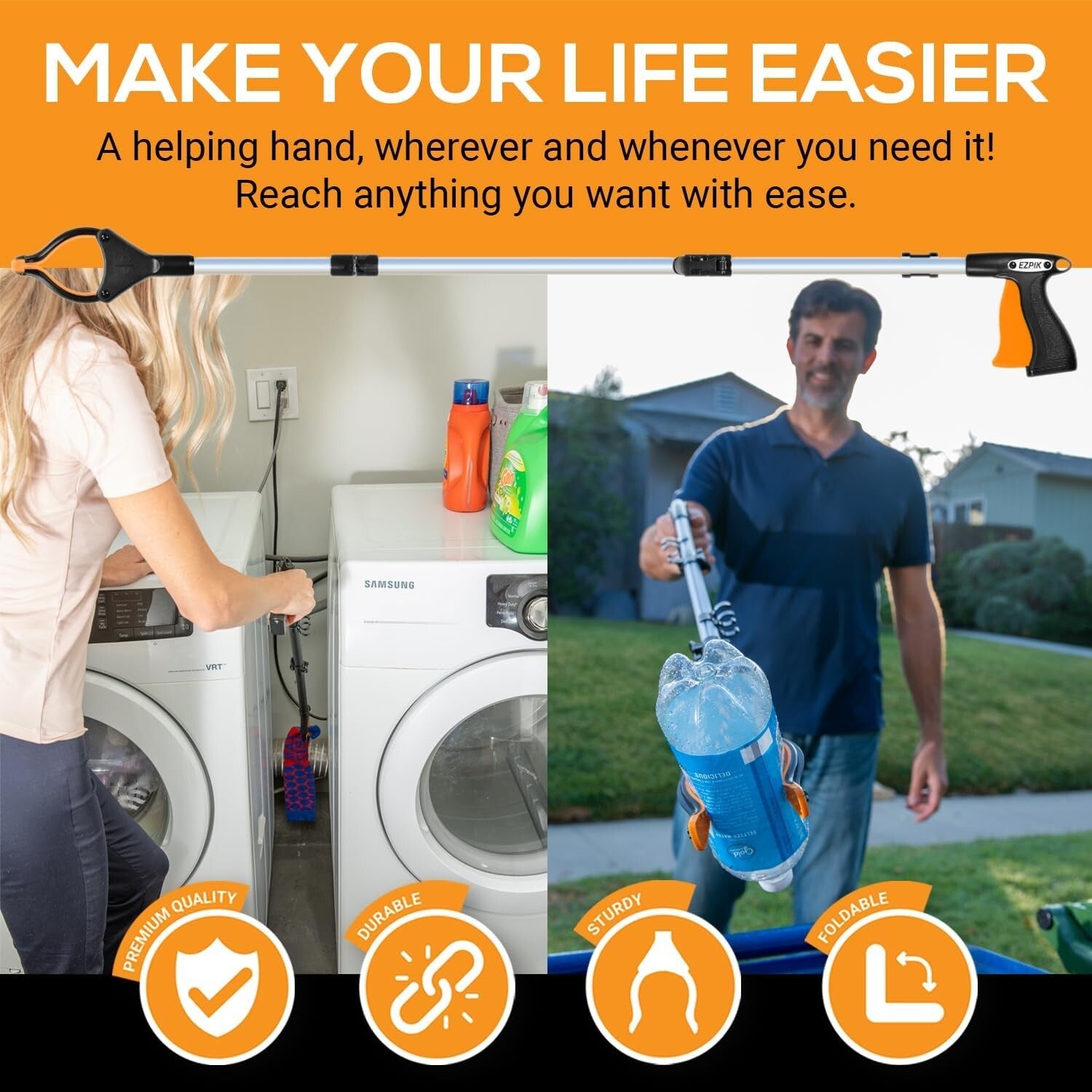 Foldable Grabber Reacher 2-Pack - 43-Inch Heavy Duty Tool for Easy Reaching