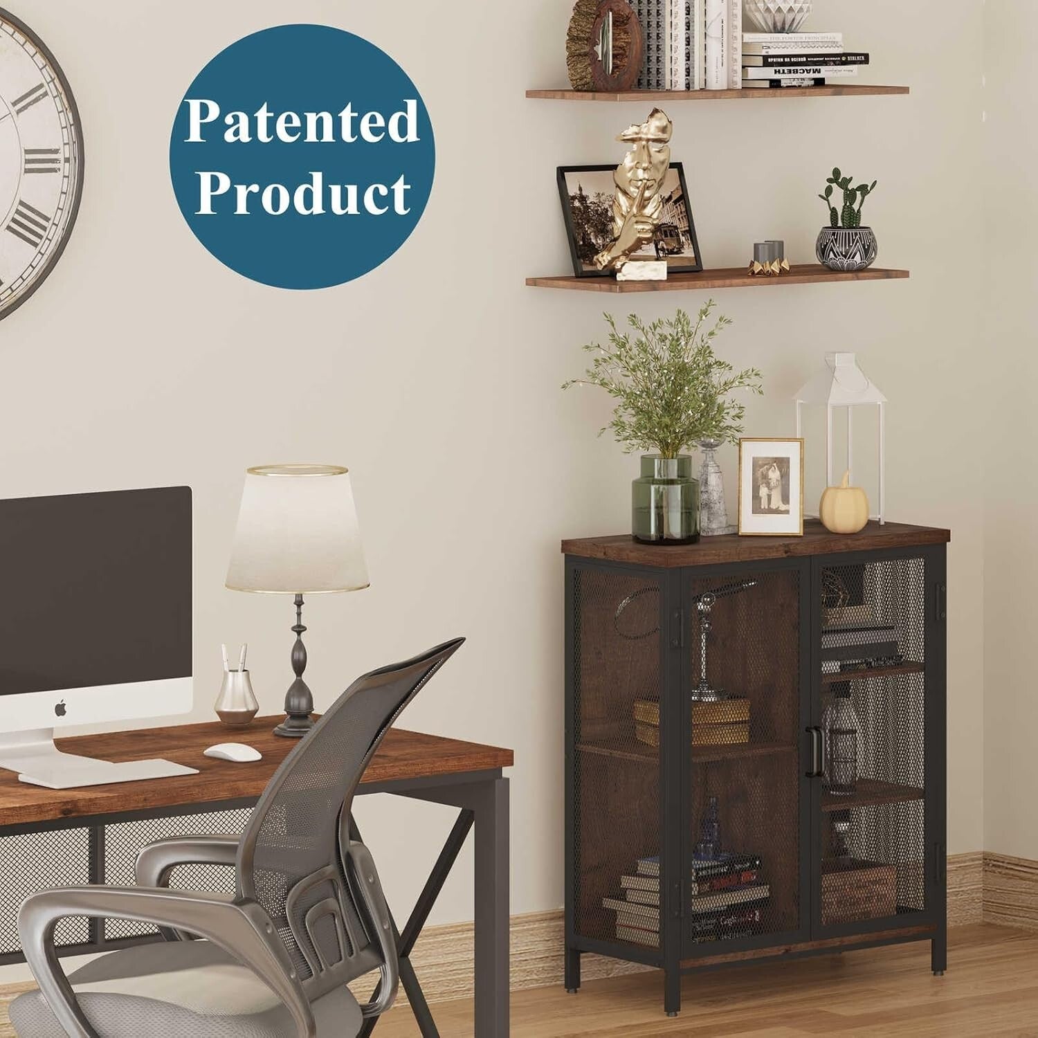 Farmhouse Style Alcohol Cabinet with Lockable Doors & Adjustable Storage Shelves