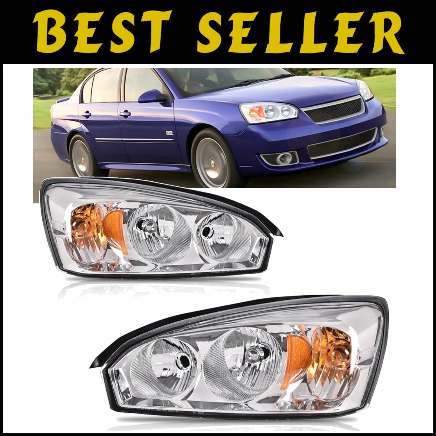 Chrome Headlight Assembly Replacement for 2004-2008 Chevy Malibu Models
