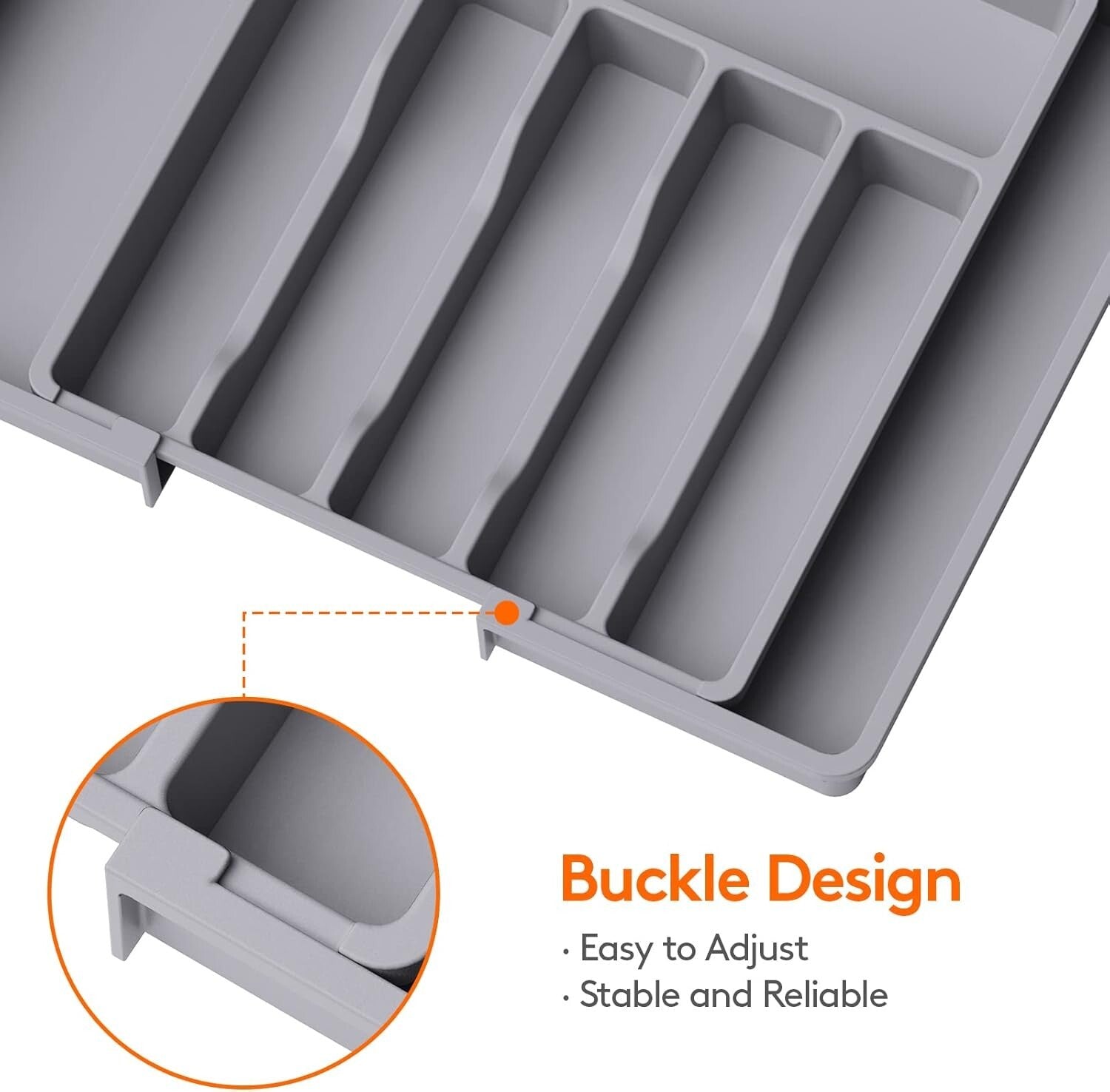 Adjustable Utensil Organizer - Silverware Drawer Tray with 8 Compartments, Grey