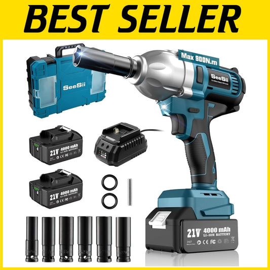 Electric Impact Wrench 21V with 2 Batteries, Case, and 6 Impact Sockets Included