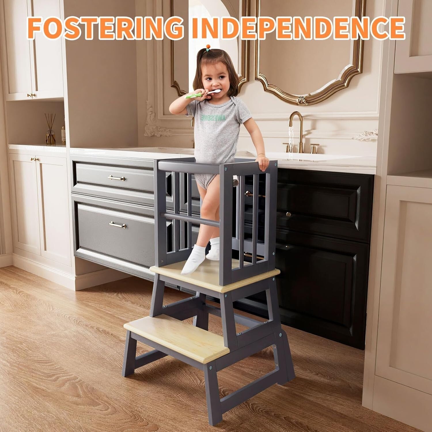 Child-Friendly Kitchen Stool with Non-Toxic Safety Features - 2025 Gray Design