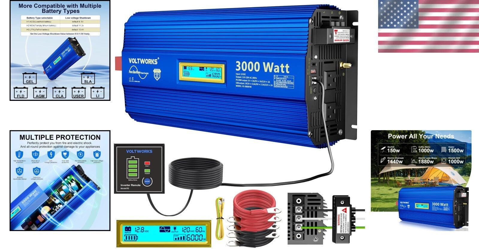 Advanced 3000W Power Inverter, 6000W Surge for Off-Grid Solar & Vehicles