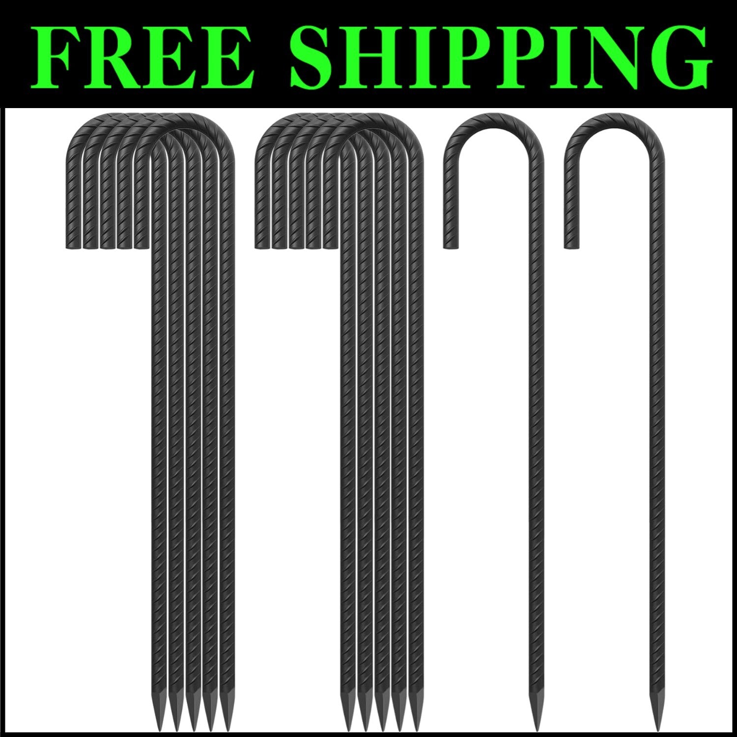 24" Steel Rebar Ground Stakes Set - Essential J Hook Tent and Garden Anchors