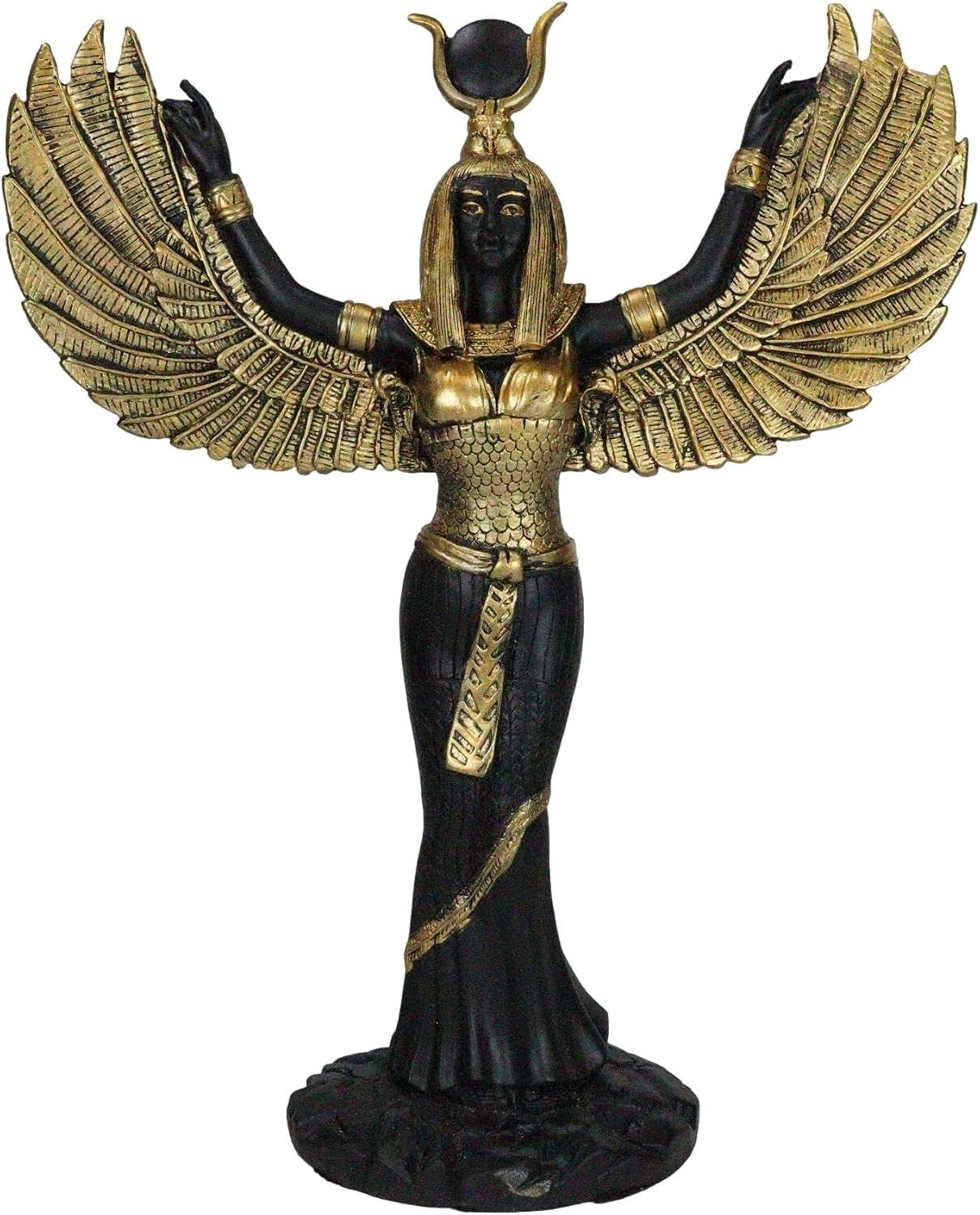 Handcrafted Isis Goddess Statue - 12" Open Wings Decor in Elegant Black & Gold