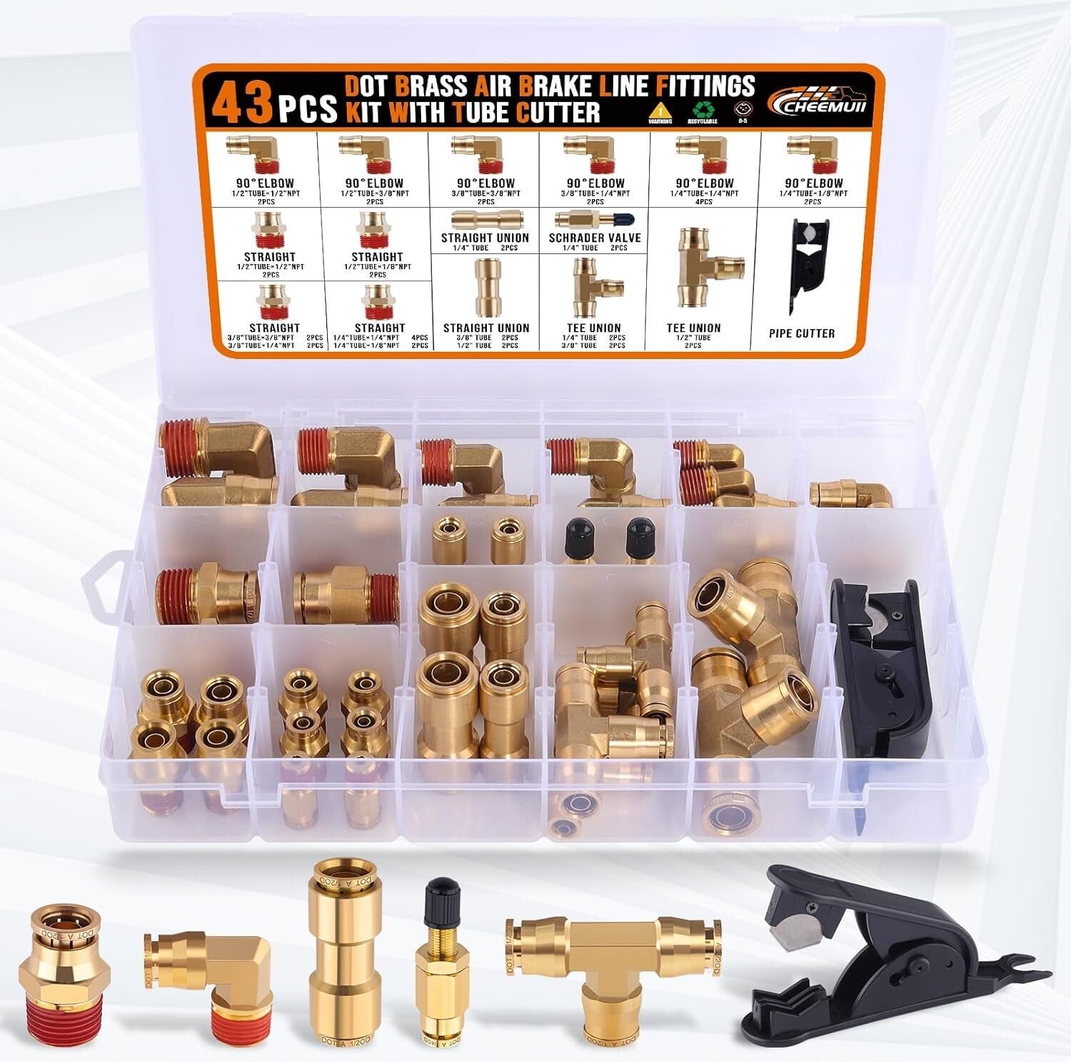 43 PCS Brass Air Brake Fittings Kit - Quick Connect & NPT Thread Assortment