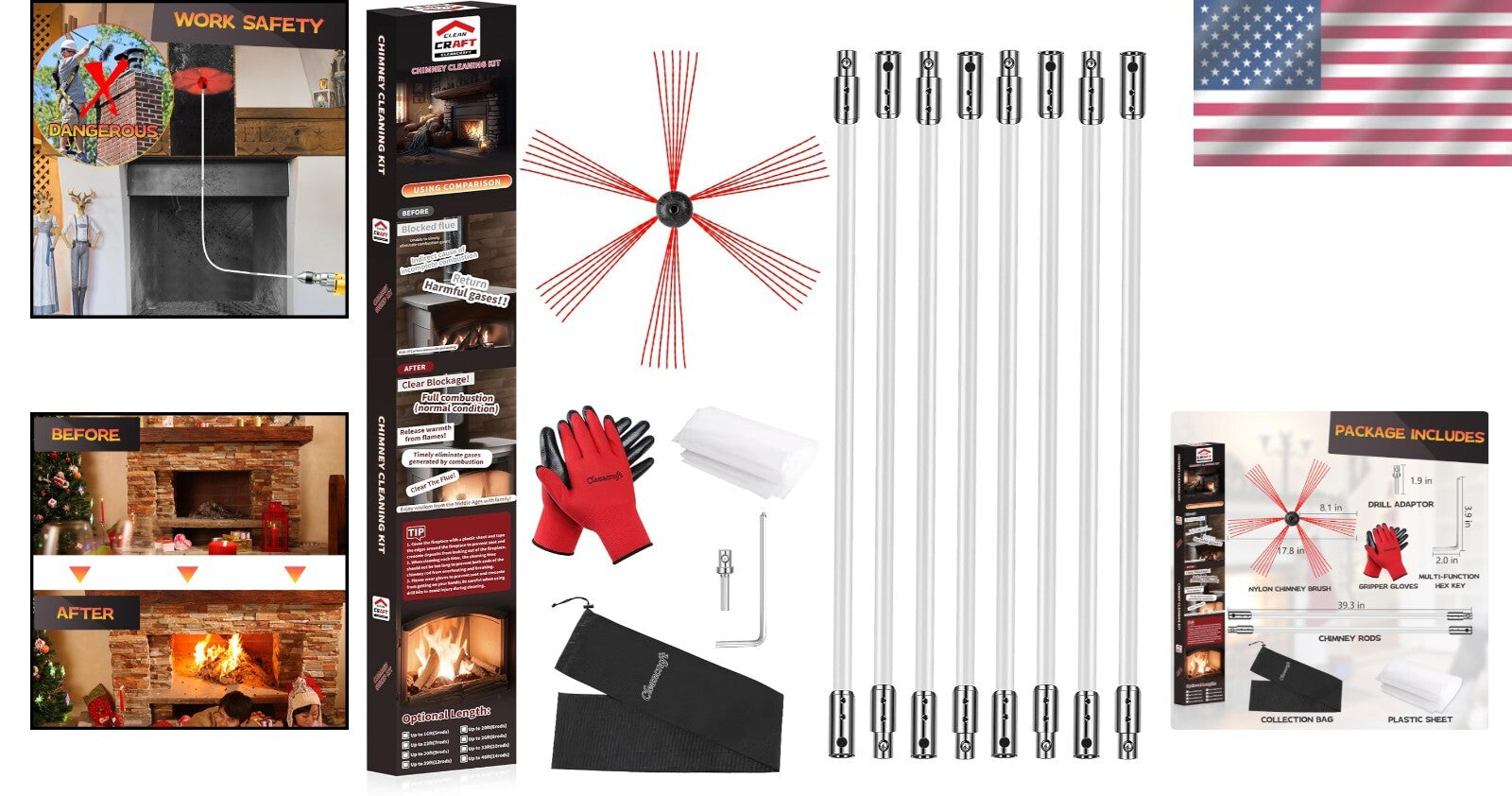 Professional 30ft Chimney Sweep Kit: Brush, Rods, and Essential Accessories