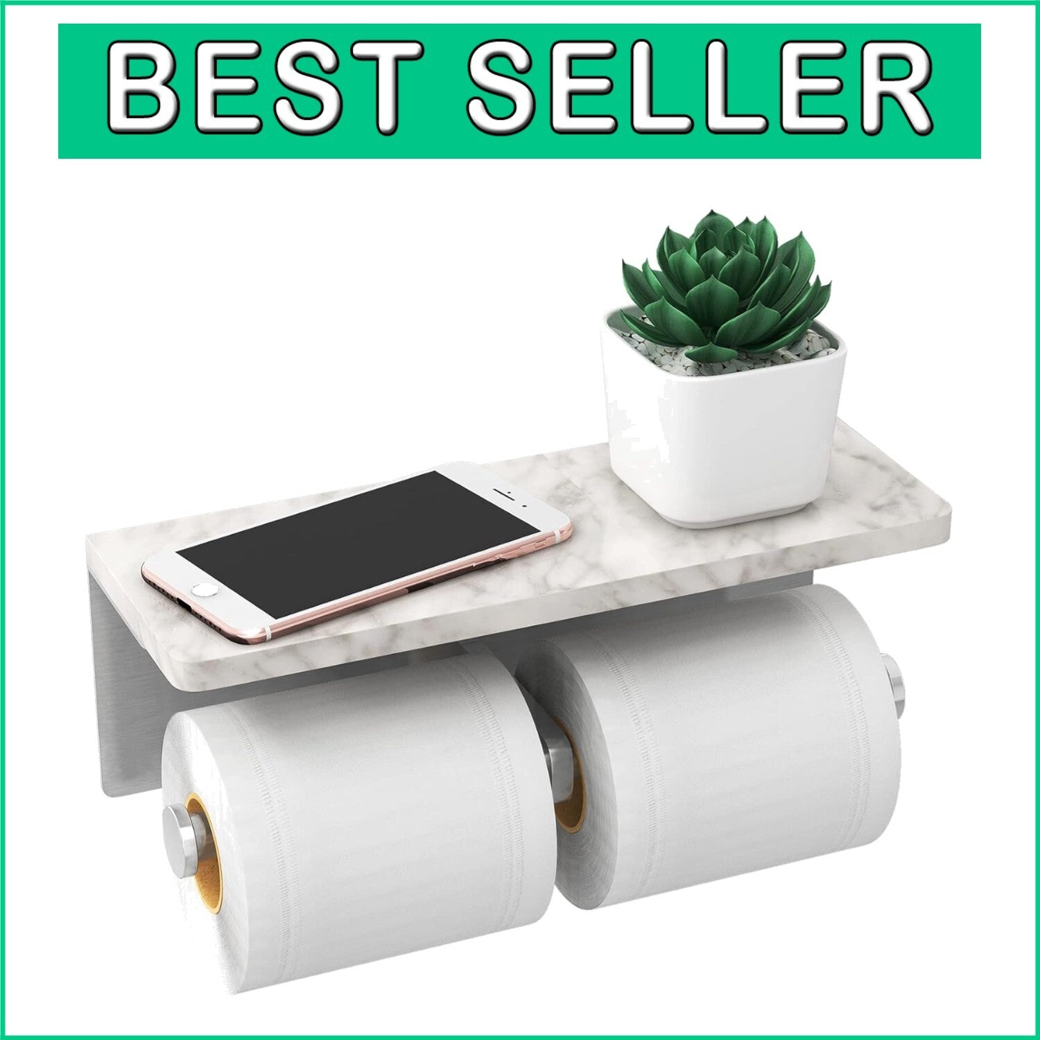 Brushed Nickel Double Toilet Paper Holder with Elegant Marble Shelf - Modern ...