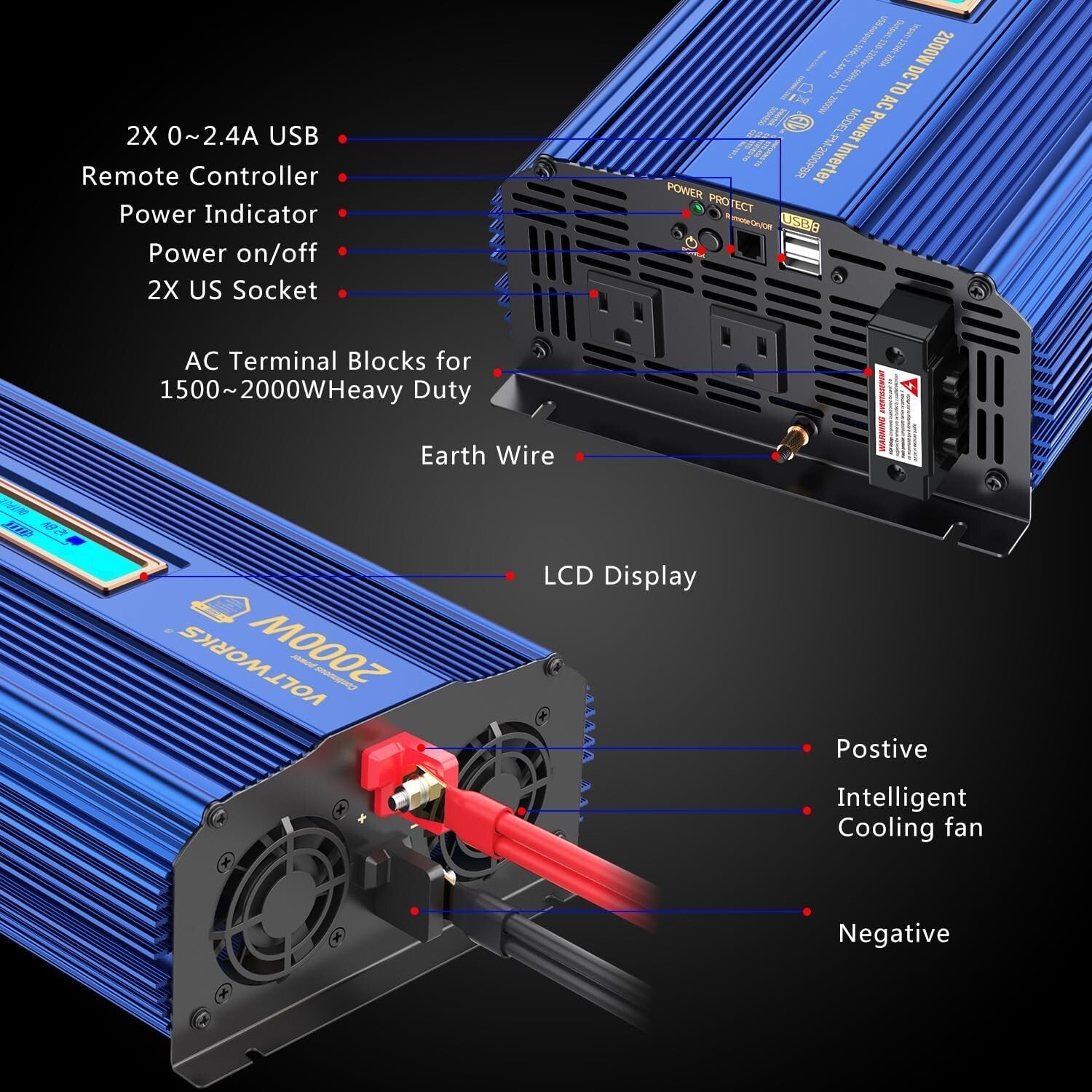 2000W Remote-Controlled Inverter with Dual USB Ports for Outdoor Adventures