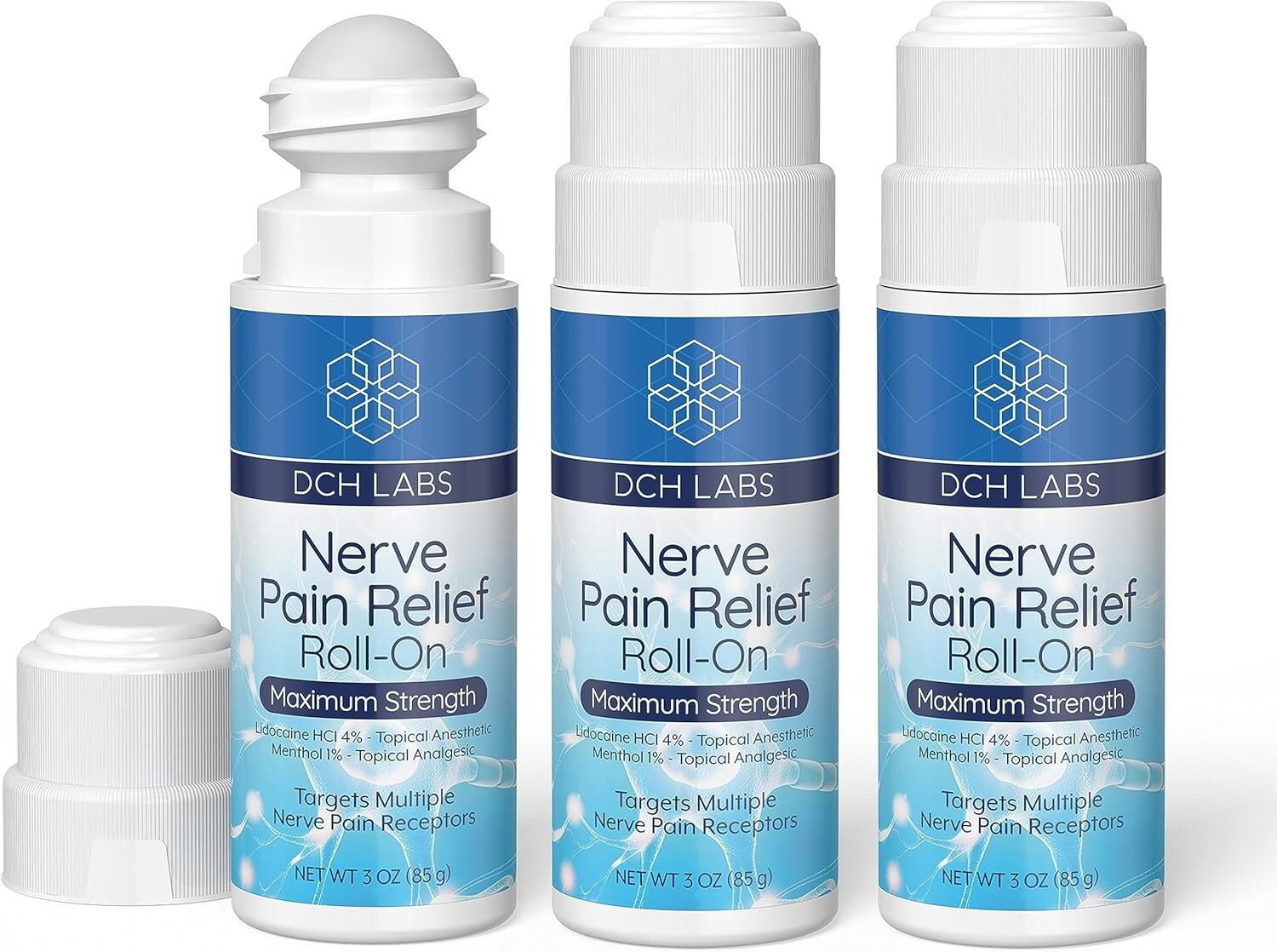 Maximum Strength Nerve Pain Relief Roll-On with Lidocaine & Menthol - 3-Pack