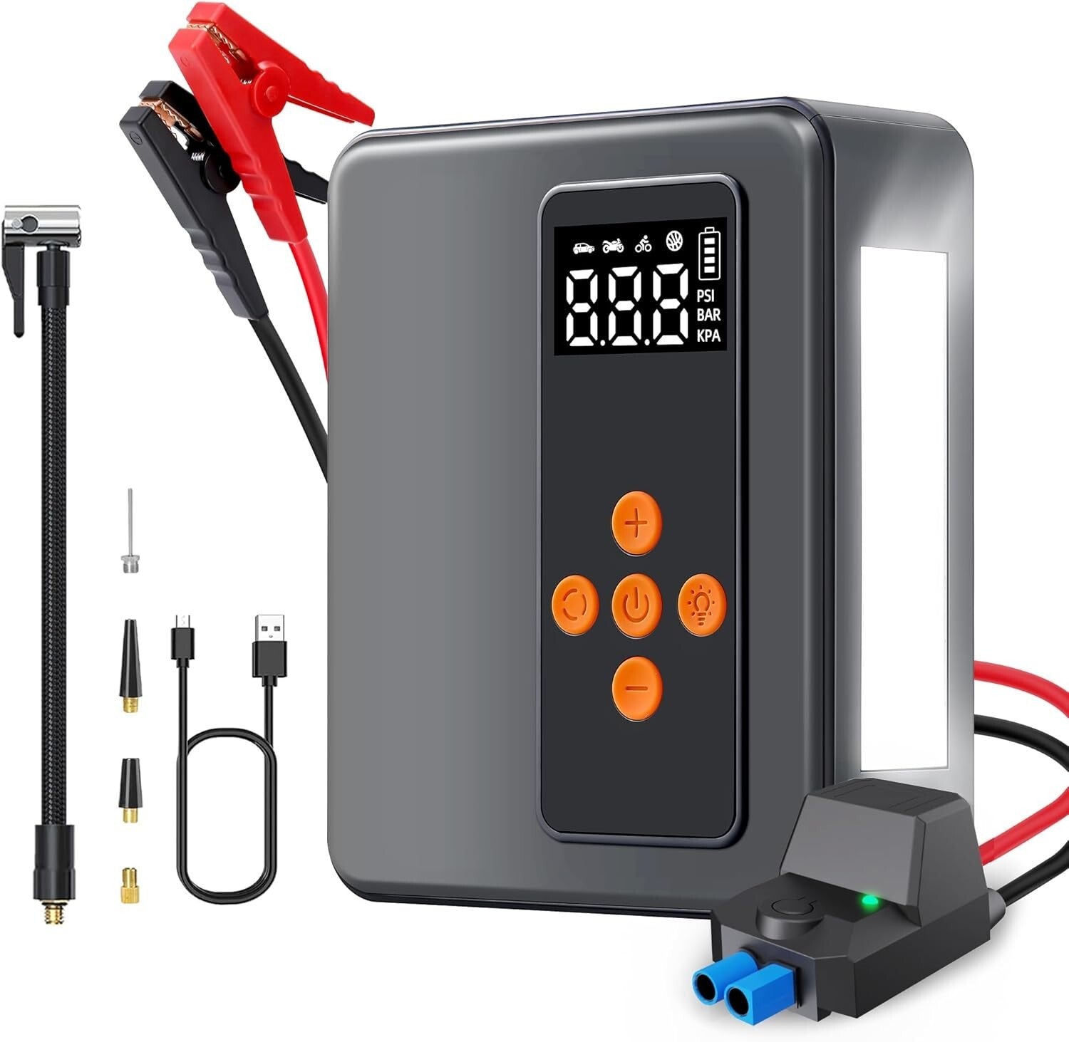 All-in-One Jump Starter & Tire Inflator - 8000A with 32000mAh & Bright LED Light