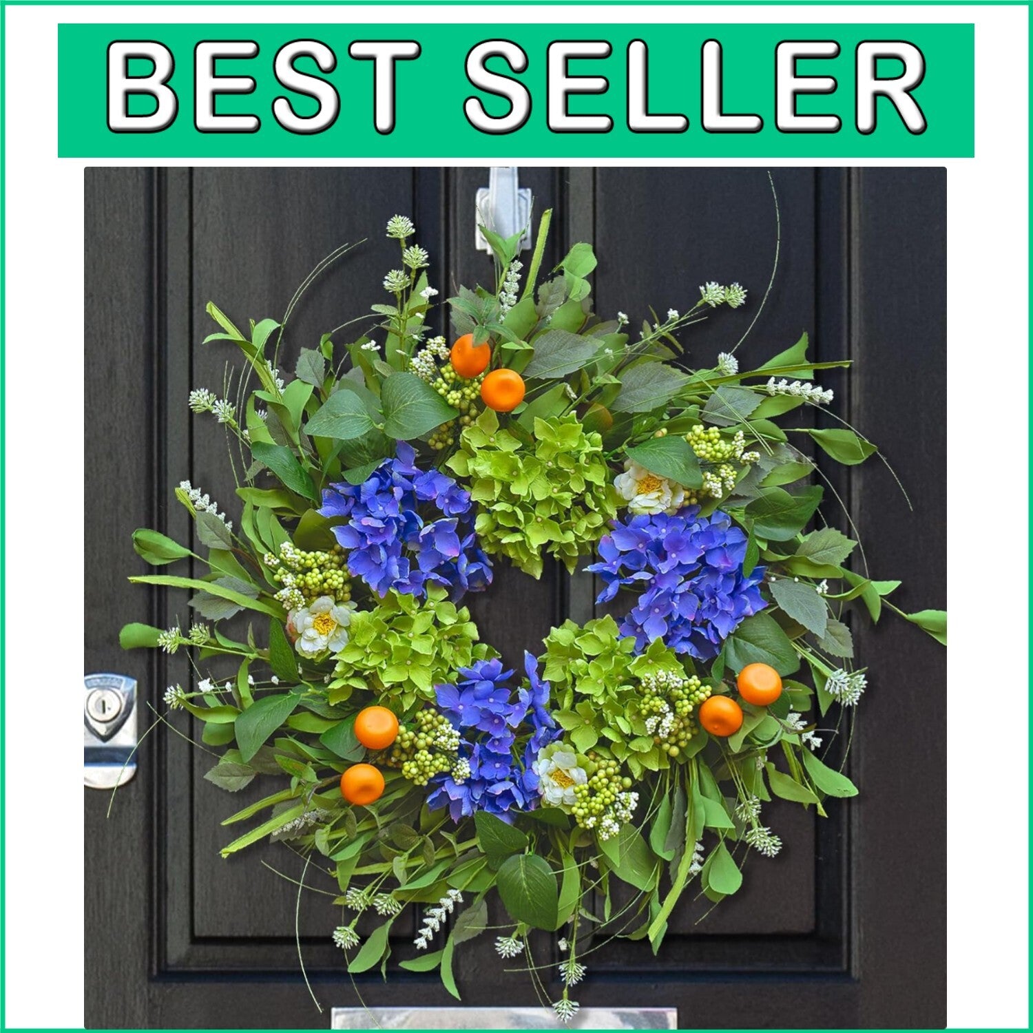 Elegant 22'' Round Wreath with Hydrangea & Realistic Oranges for All Seasons