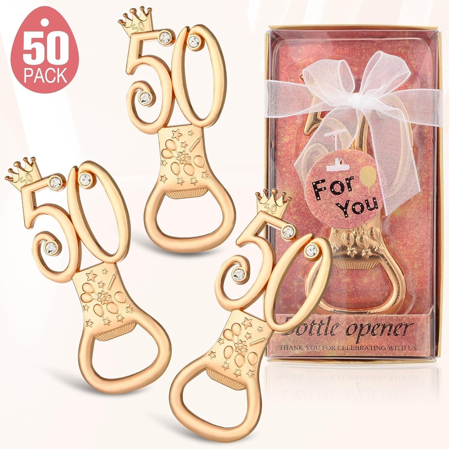Elegant 50th Anniversary Bottle Openers - Rose Gold with Rhinestones, 50 Pcs Set