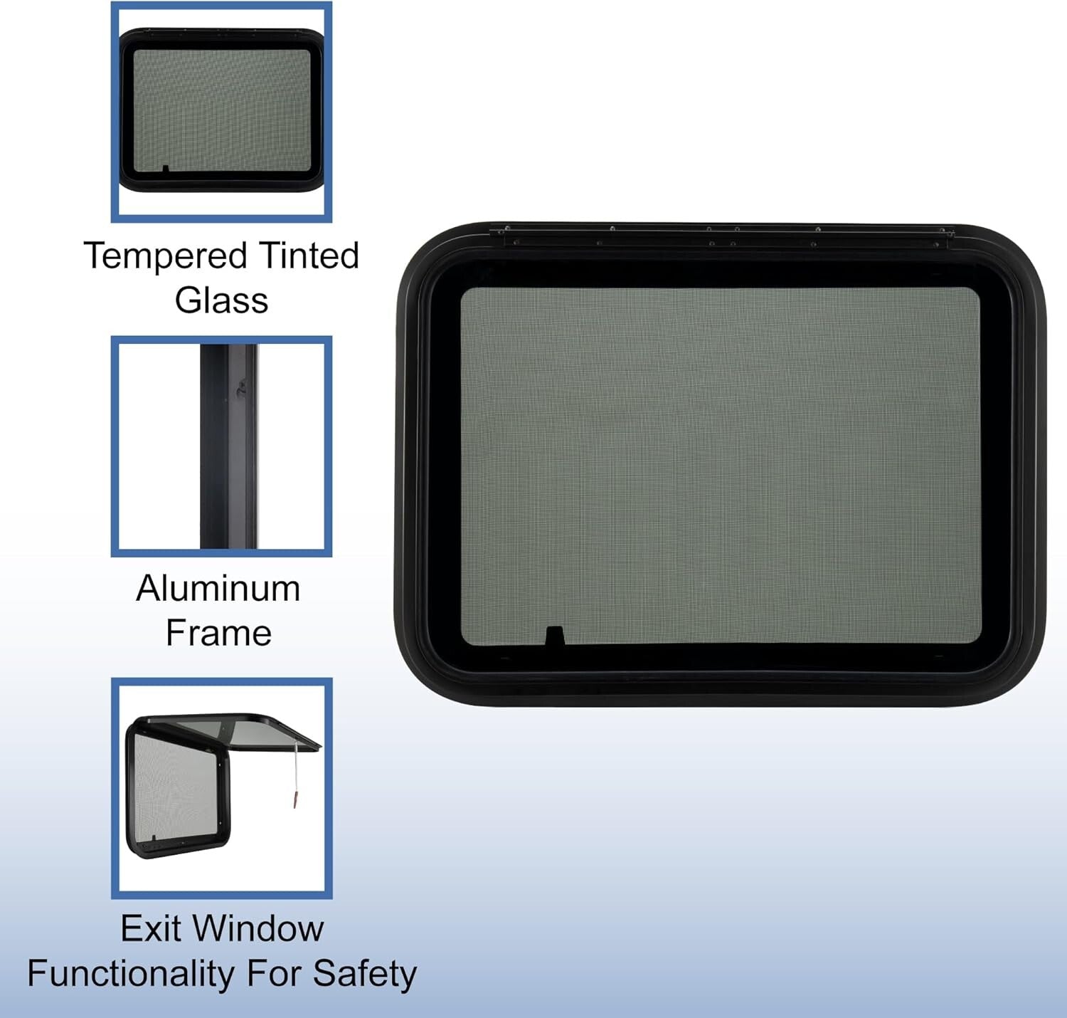 Durable RV Exit Window 30" W x 22" H with Removable Screen & Trim Ring