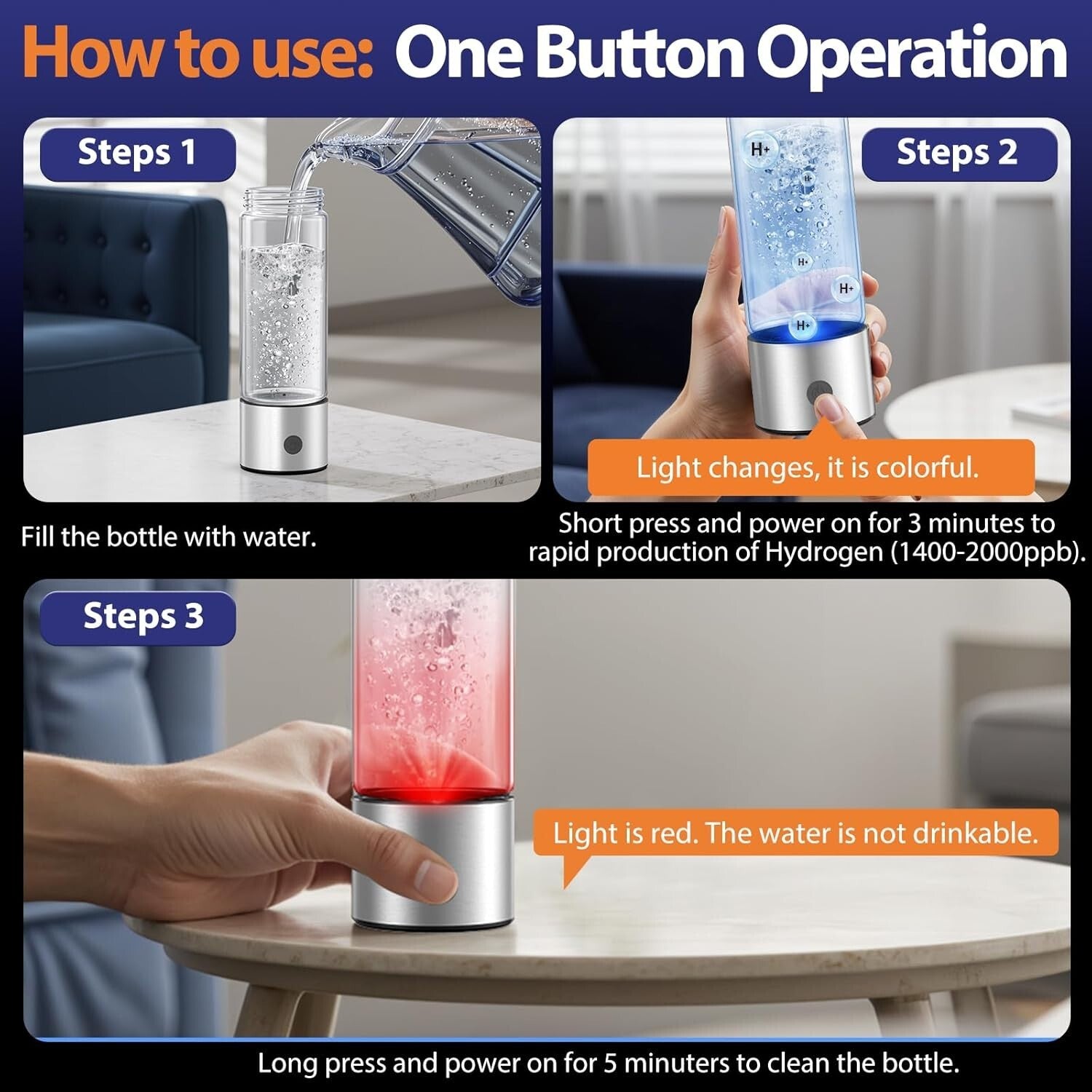 Rechargeable Hydrogen Water Bottle - Quick Electrolysis for Health Benefits