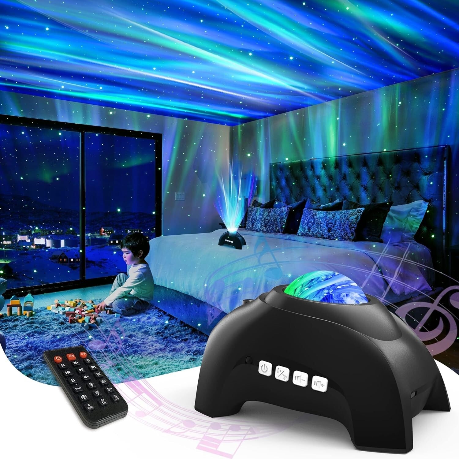 Black Aurora Projector & Music Speaker Combo for Kids & Adults – Tabletop Design