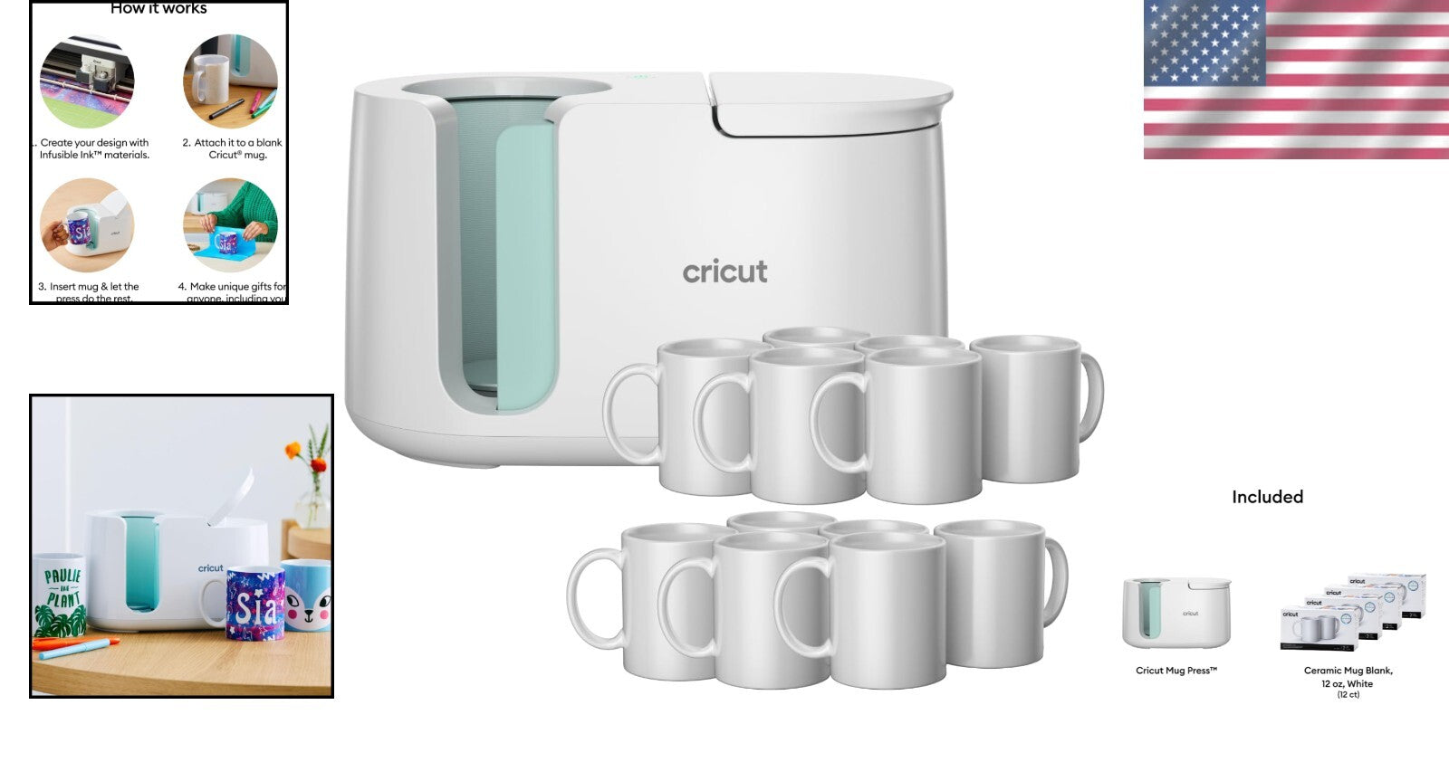 Mug Press + 12 Dishwasher Safe 12oz Ceramic Mugs - Create Custom Designs