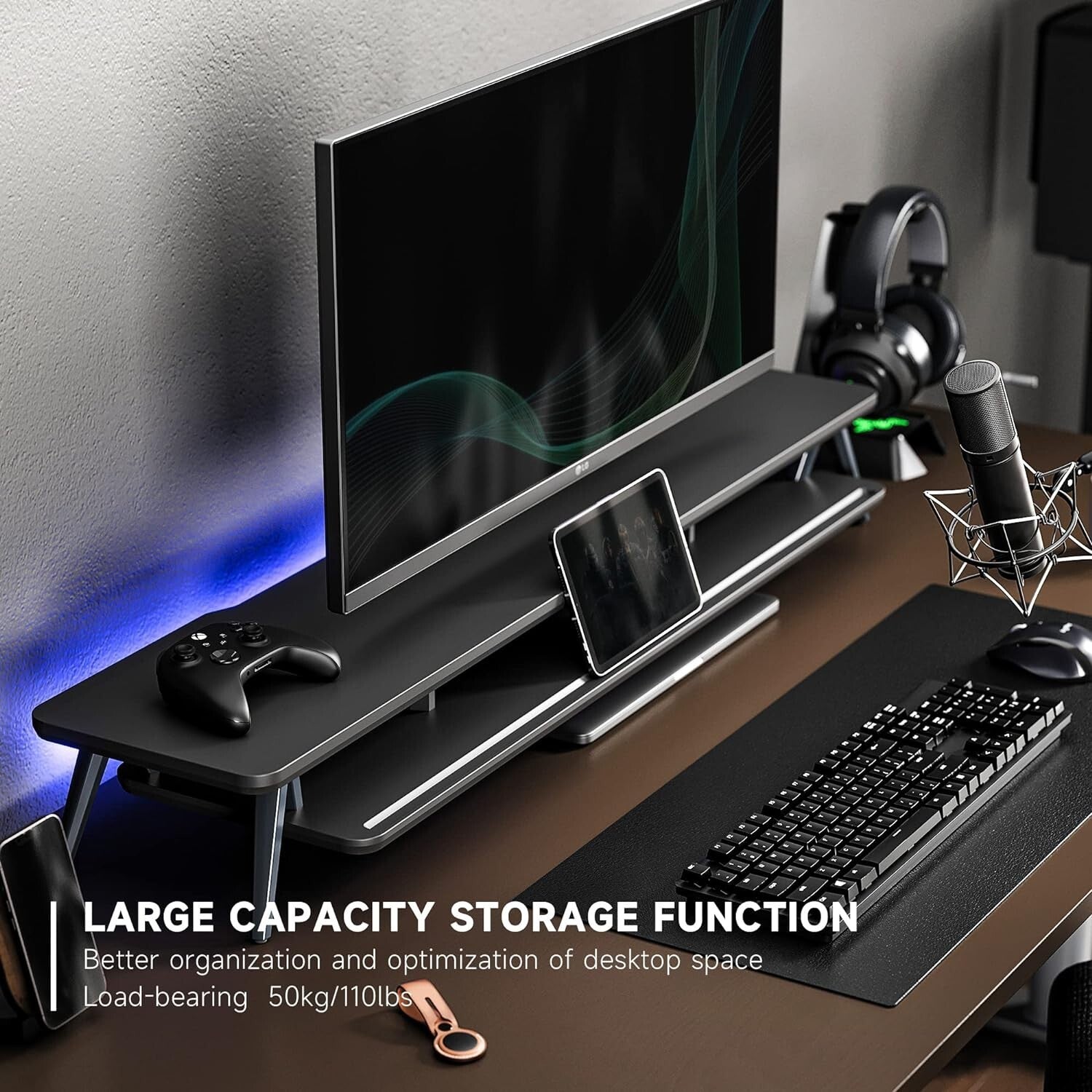42.5 Inch Ergonomic Dual Monitor Riser - Stylish Desktop Organizer with Storage
