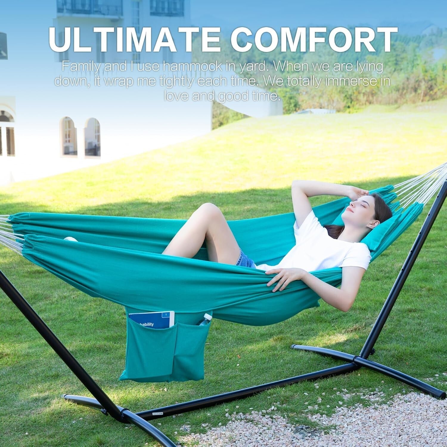 Elegant Aqua Double Hammock with Heavy Duty Steel Stand - 2 Person Outdoor Bliss