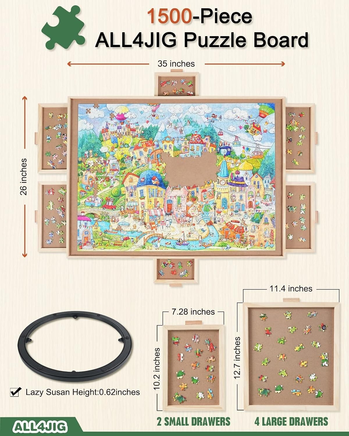 1500-Piece Rotating Puzzle Board with 6 Drawers & Cover - Gift for Puzzle Lovers