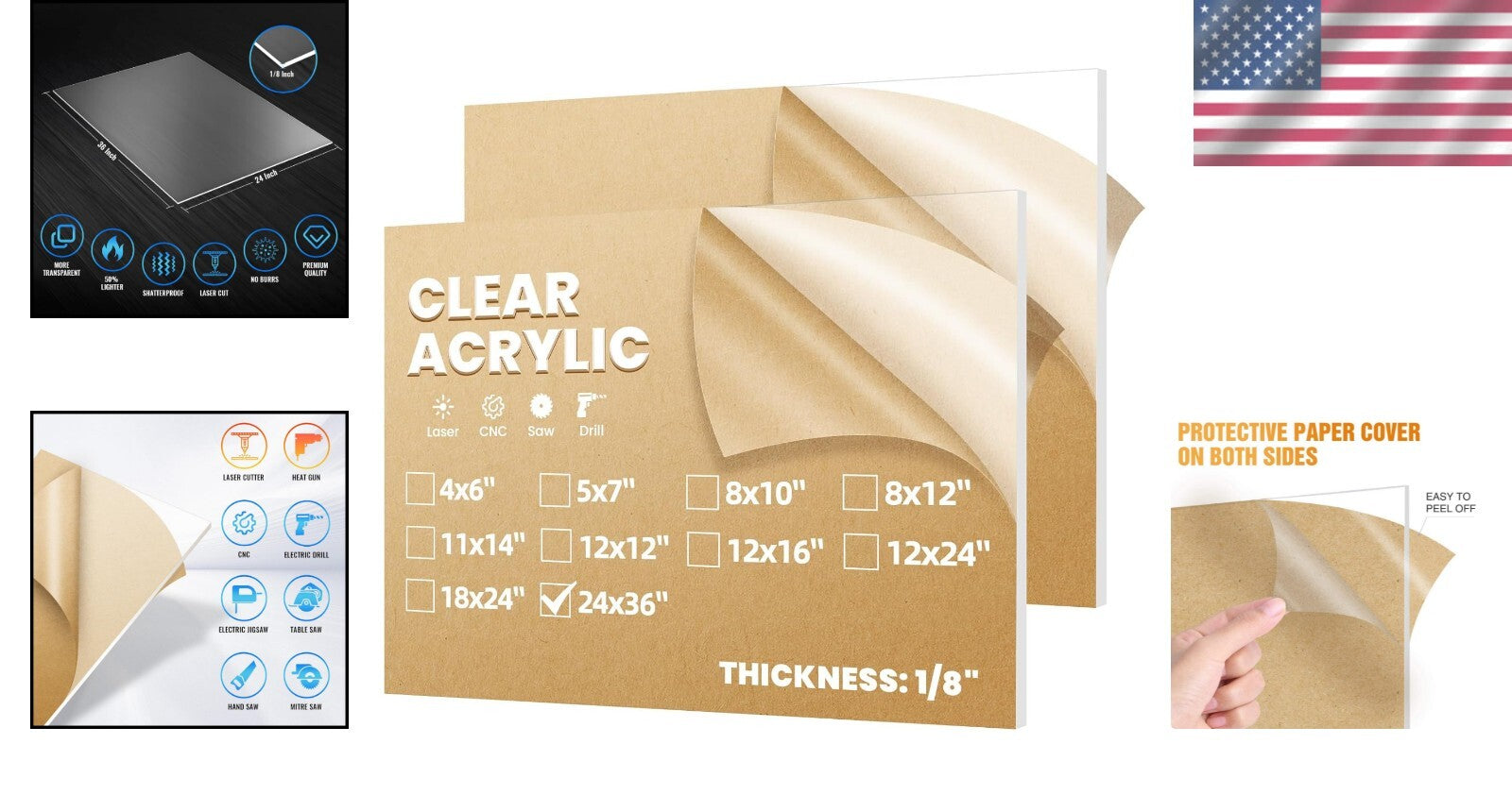 Durable 24x36" Clear Cast Acrylic Sheets - 1/8" Thick Plexiglass - 2 Pack