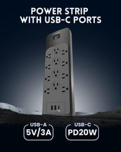 Load image into Gallery viewer, Spacious 12-Outlet Power Strip with 20W USB-C &amp; Flat Plug Design - ETL Listed