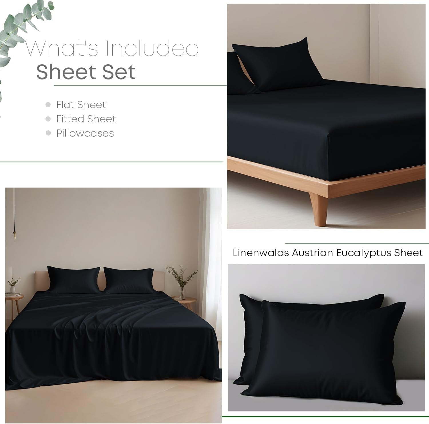 Black Tencel Lyocell Sheet Set - Queen Size, Deep Pocket, Luxurious Comfort