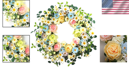 24-Inch Colorful Artificial Flower Wreath with Roses & Daisies for Festive Decor