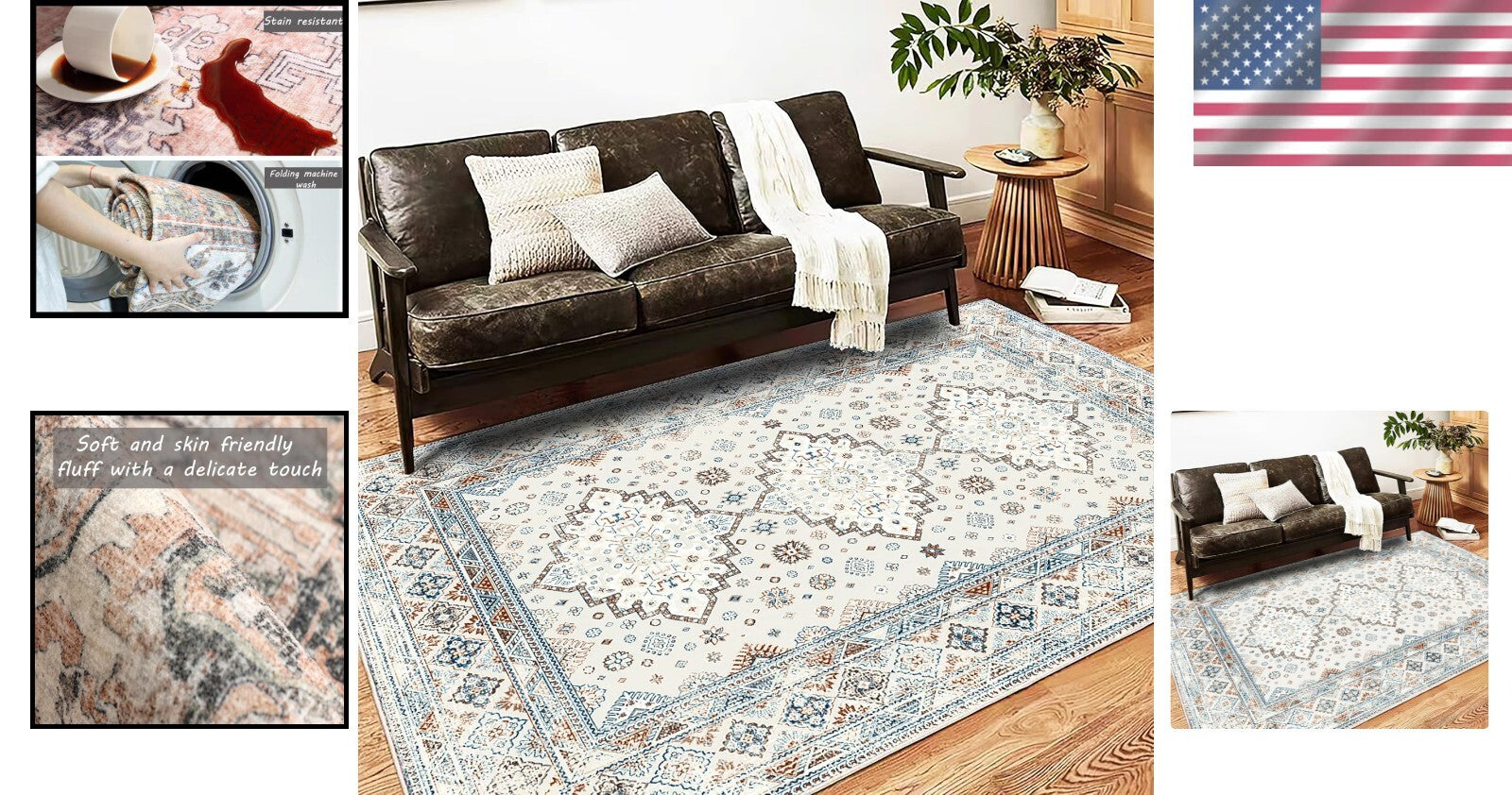 Boho Chic Washable Area Rug 5x7 - Non-Slip Medallion Design for Modern Homes