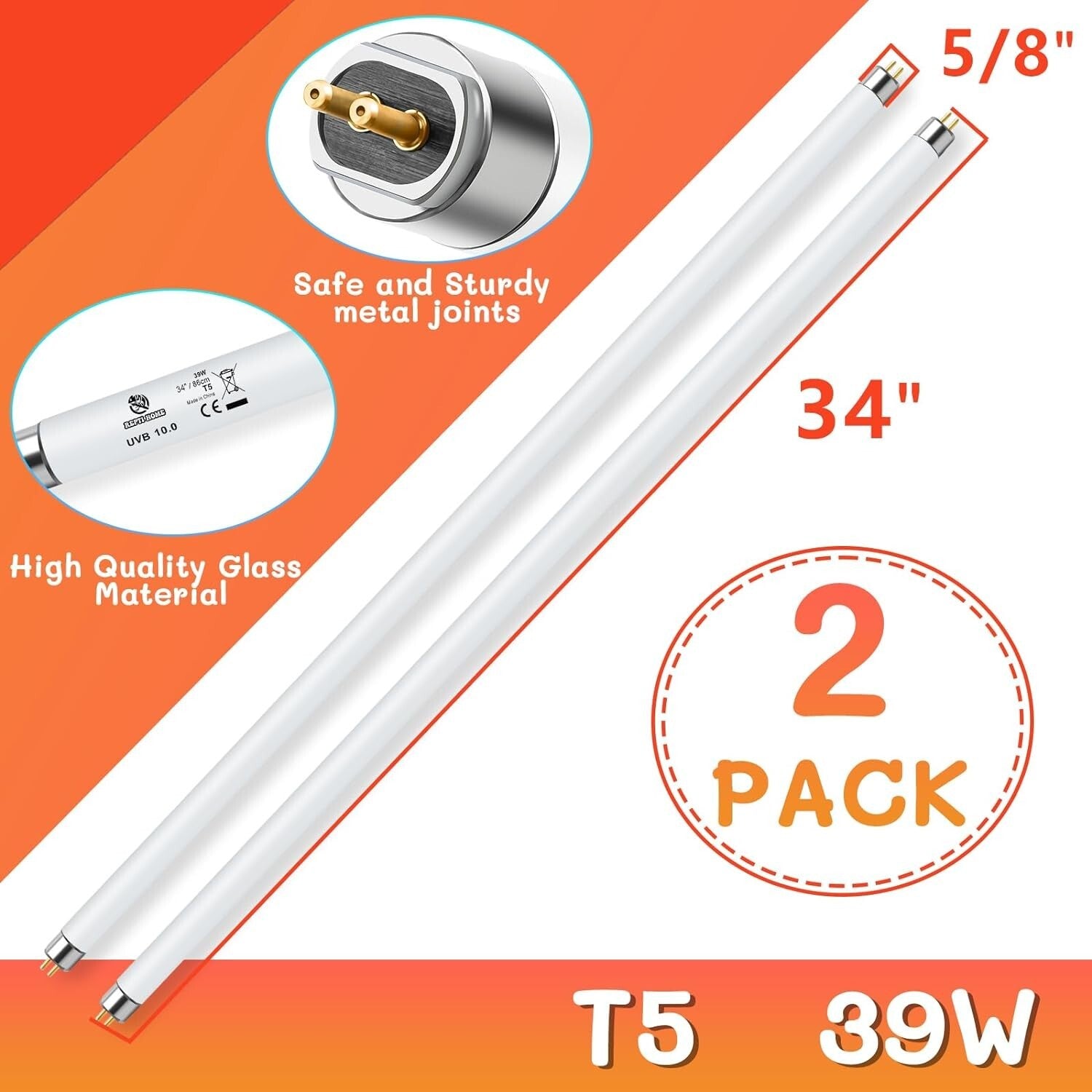 Durable 39W UVB Light Bulb for Reptiles – Promotes Vitamin D3 Absorption, 2 Pack