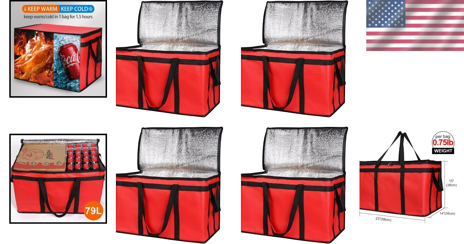 Eco-Friendly Insulated Grocery Shopping Bags 4-Pack - Red, Stylish & Practical