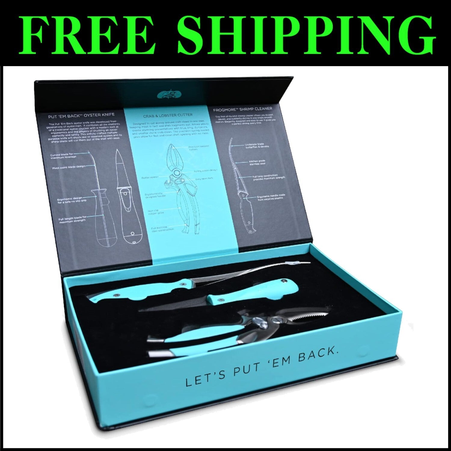 Ergonomic Seafood Tool Set: Crab Cutter, Shrimp Deveiner & Oyster Knife in Blue