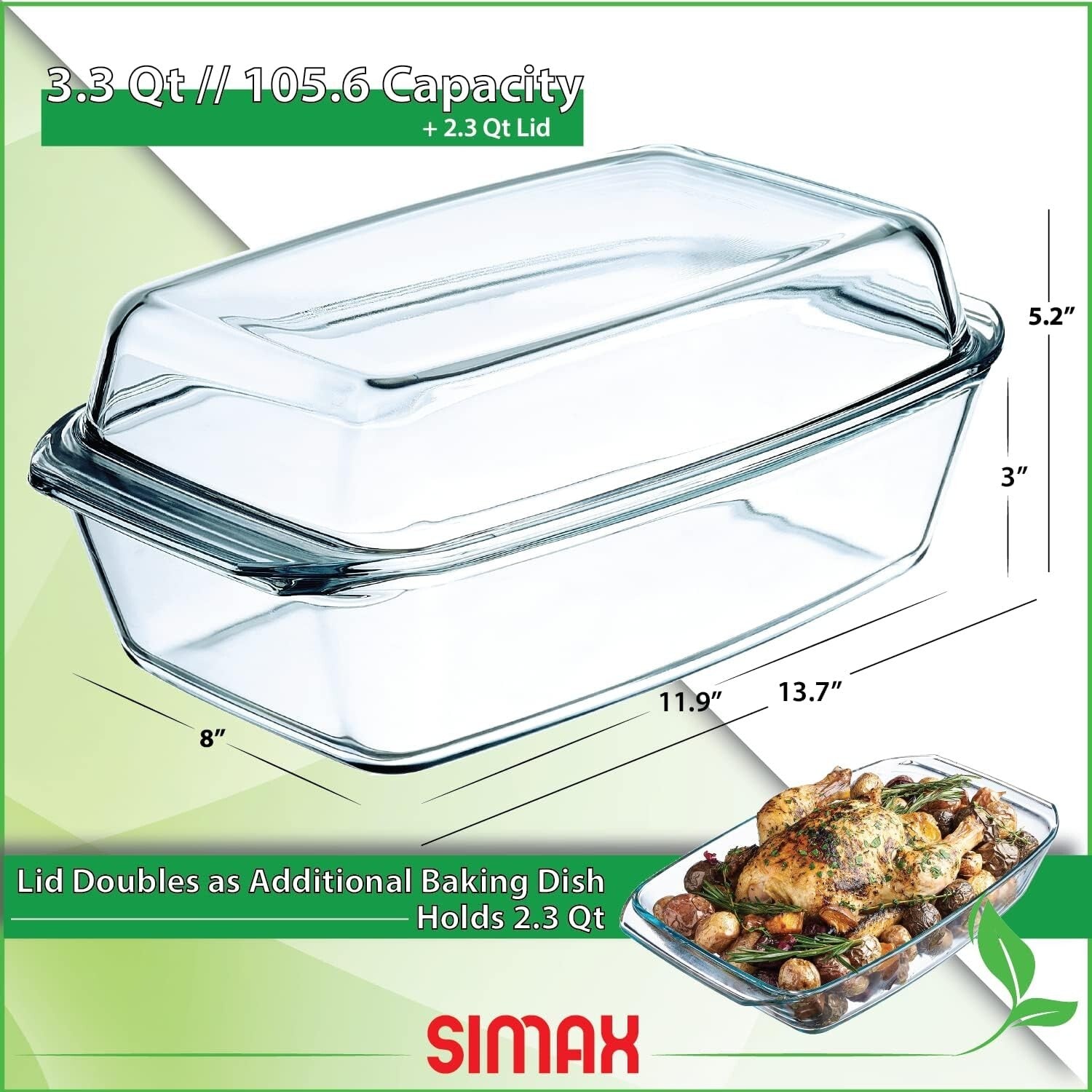 Durable 3-Quart Glass Casserole with Fitted Lid - Oven Safe & Shock Resistant
