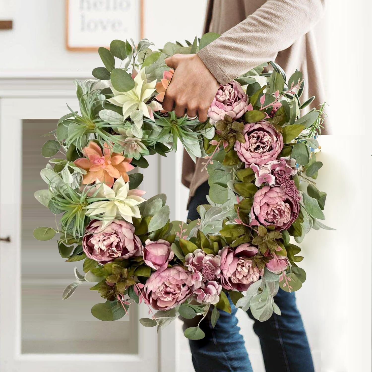 Stylish 24 Inch Spring Peony Wreath with Succulent Arrangement - Indoor/Outdoor