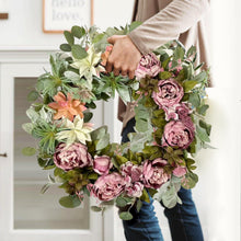Load image into Gallery viewer, Stylish 24 Inch Spring Peony Wreath with Succulent Arrangement - Indoor/Outdoor