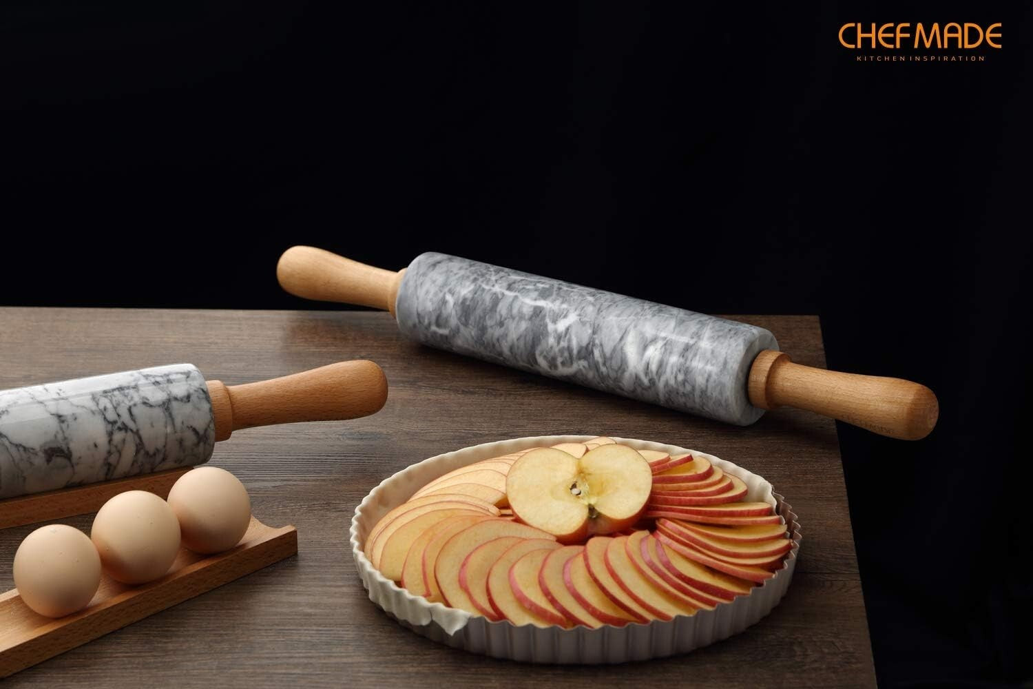 Elegant 18-Inch Marble Rolling Pin with Wooden Handles - Non-Stick Gray & White