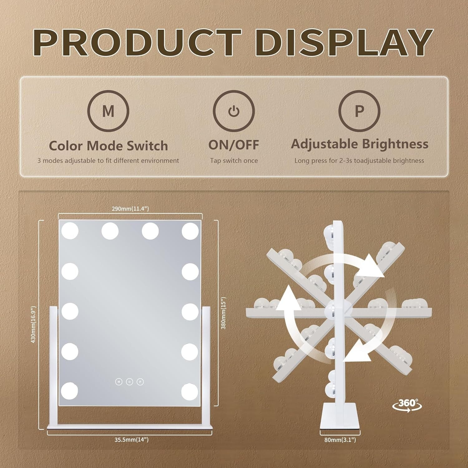 Dimmable Makeup Mirror with 3 Color Settings & 10X Detachable Magnification