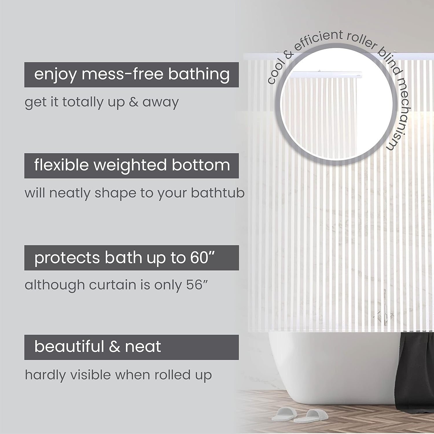 Elegant Waterproof PEVA Roll-Up Shower Curtain - Hookless & Heavy-Duty 56"x95"