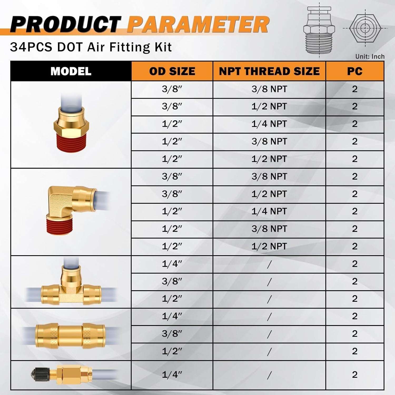 34 Pcs Brass DOT Air Brake Fittings Kit - Quick Connect for Trucks & Industry