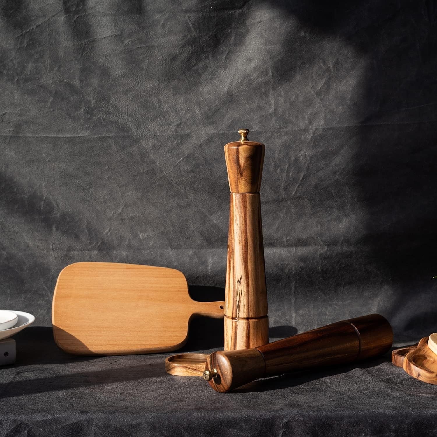 Elegant Acacia Wood Salt and Pepper Grinder Set with Adjustable Ceramic Mill
