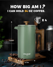 Load image into Gallery viewer, Vintage Green 34 oz French Press with Wood Handle &amp; Double Wall Insulation