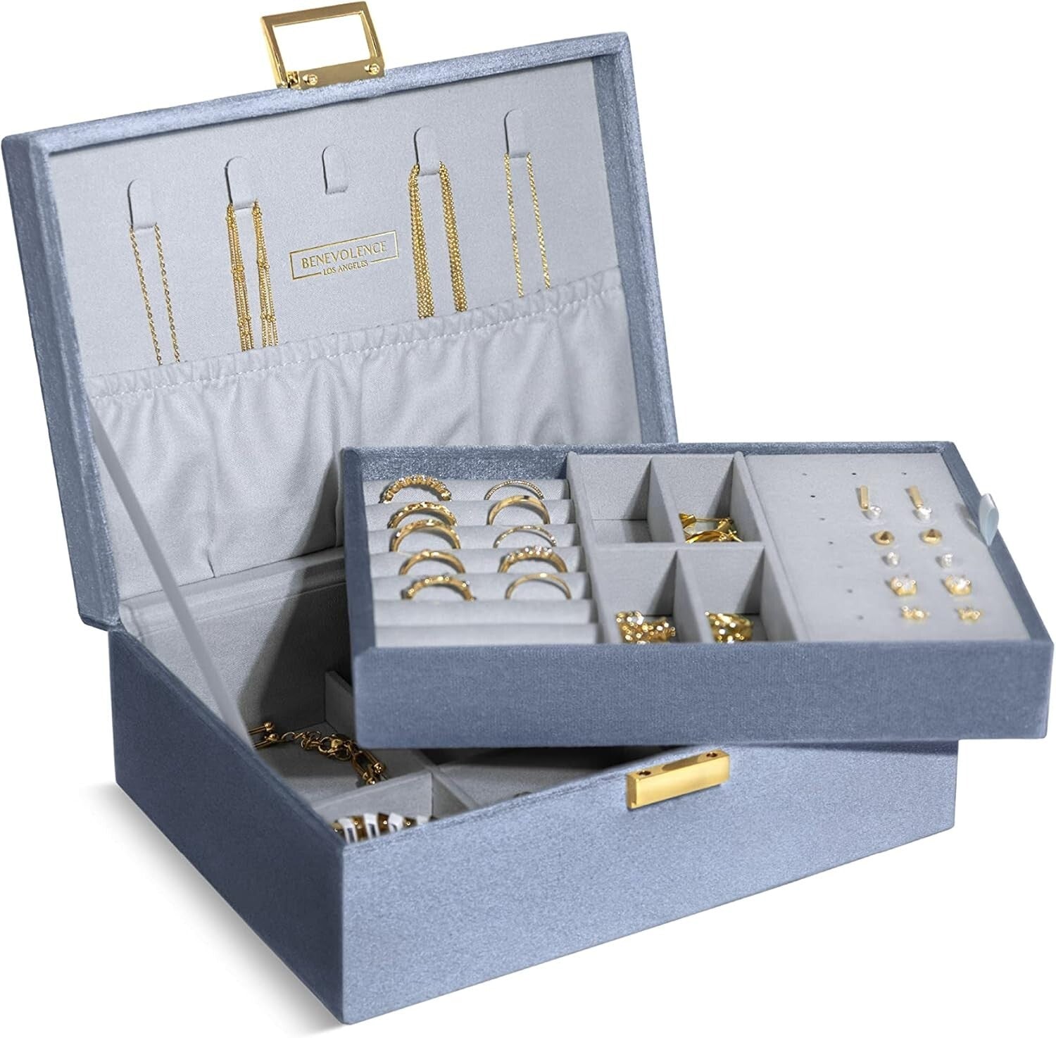 Chic Periwinkle Blue Jewelry Box - Velvet 2-Layer Organizer with Decorative Lock