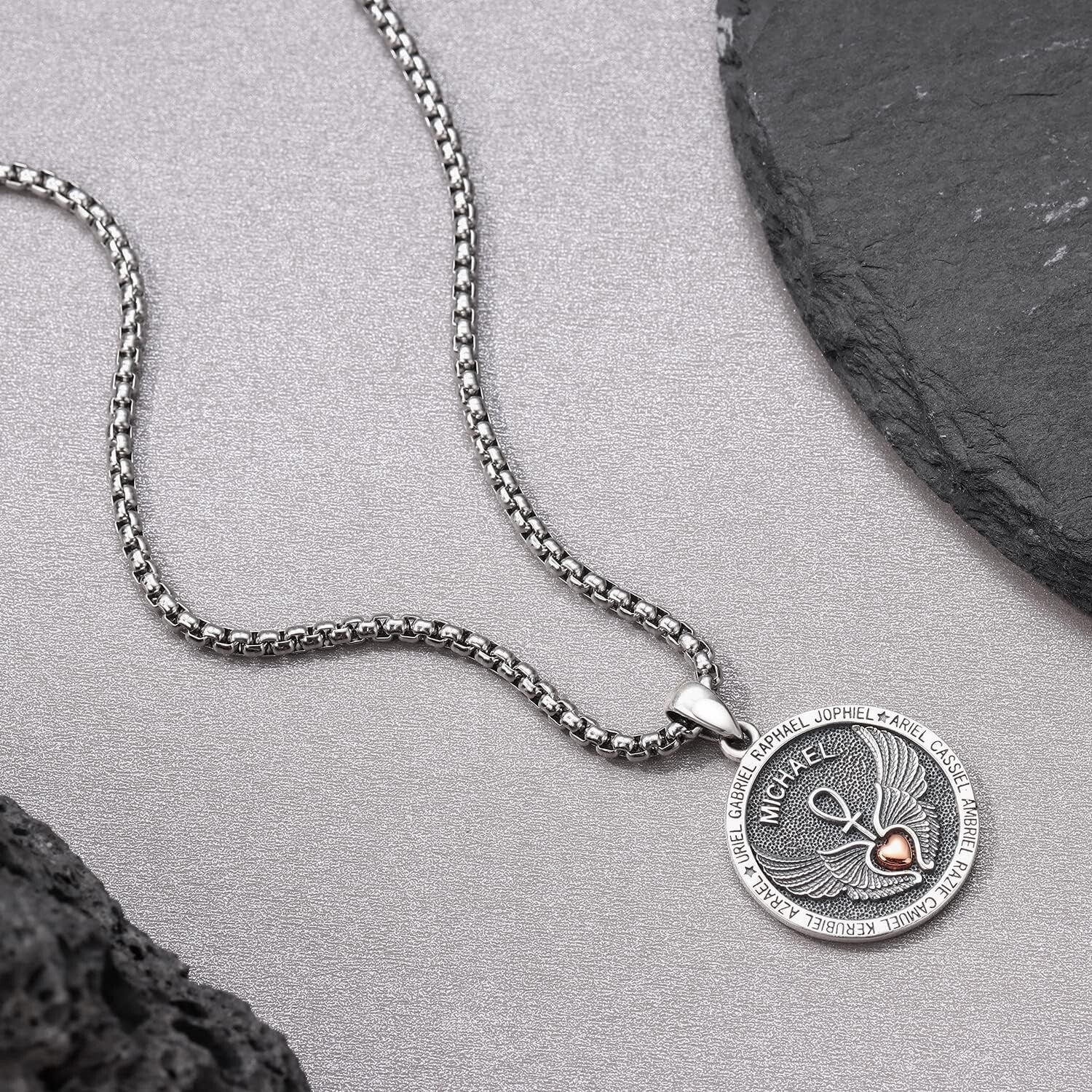 Saint Michael Engraved Silver Pendant Necklace for Protection - Adjustable Chain