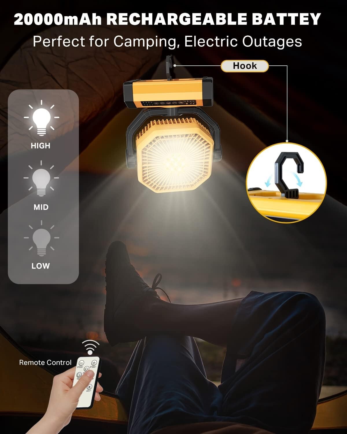 Stylish 20000mAh Camping Fan - Oscillating, Quiet, with Power Bank Function