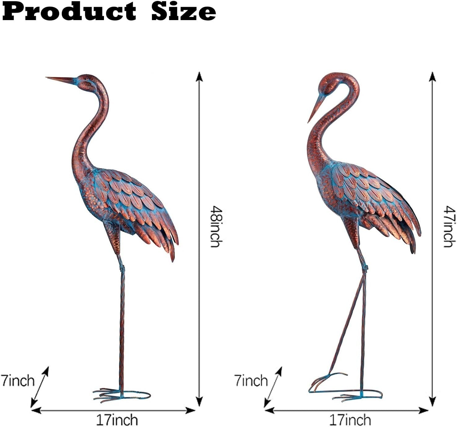 Lifelike Patina Metal Crane Sculpture Set - 47-48 Inch Yard Art Collection