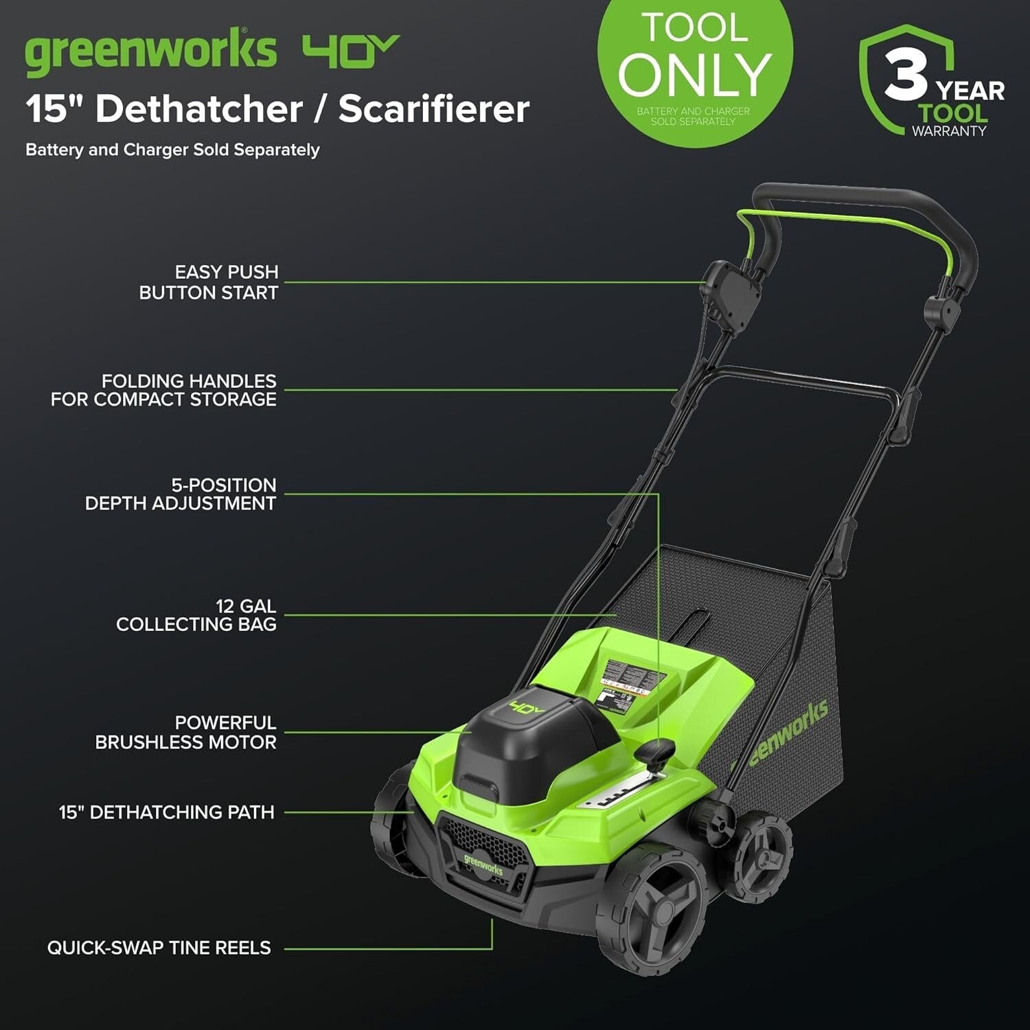 Multi-Function Lawn Dethatcher with 14-Inch Cutting Width & 5 Depth Settings